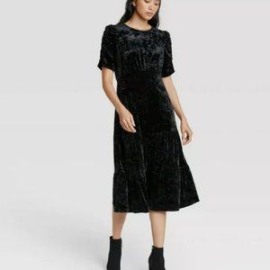 Who what wear ruched puffed shirt sleeve tiered velvet midi dress black XS